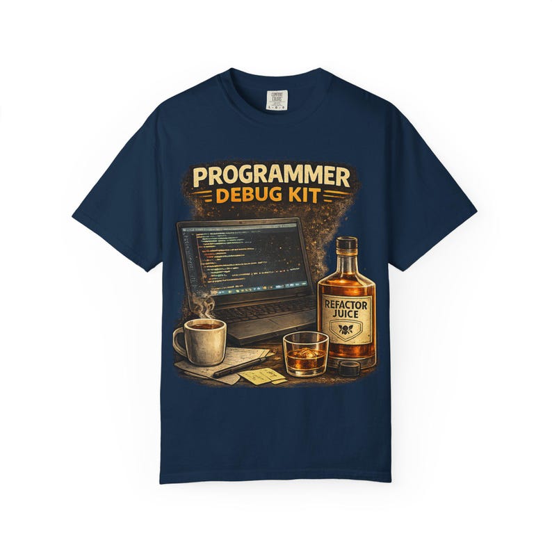 Programmer Debug Kit T-Shirt | Refactor Juice, Coffee, Laptop Coding Design image 2