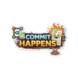 May include: A sticker featuring the phrase "COMMIT HAPPENS" in blue and orange. The design includes a cartoon document engulfed in flames, a green tick, a bug, and a network diagram.