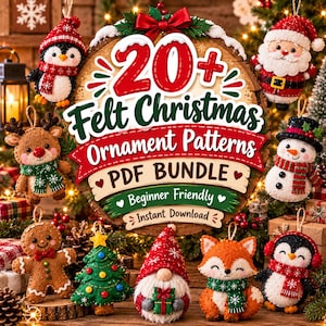 Può includere: Un pacchetto PDF digitale con oltre 20 modelli di decorazioni natalizie in feltro. L'immagine mostra un cartello in legno con il testo 20+ Felt Christmas Ornament Patterns PDF BUNDLE, circondato da vari ornamenti in feltro tra cui un pinguino, Babbo Natale, una renna, un pupazzo di neve, un omino di pan di zenzero, un albero di Natale, uno gnomo e una volpe.
