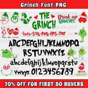 Könnte beinhalten: Ein digitales Design-Dateiset mit einer stilisierten grünen Schriftart, Groß- und Kleinbuchstaben, Zahlen sowie verschiedenen rot-grünen weihnachtlichen Grafiken, darunter Herzen, Weihnachtsmützen und der Text The Grinch und Drink up Grinches.