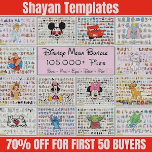 May include: A digital collection of Disney character graphics titled Disney Mega Bundle 105,000+ Files SVG - PNG - EPS - DXF - PDF. The image displays a grid of various animated characters including Mickey Mouse, Lightning McQueen, Dumbo, and Stitch.