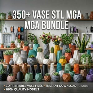 Op de afbeelding: Een digitale collectie van 350+ STL-vaasbestanden voor 3D-printen, weergegeven als een groot assortiment van diverse geometrische, getextureerde en effen vazen in wit, grijs, groen, oranje en zwart, inclusief een directe download.