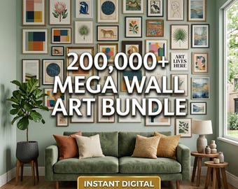 May include: A gallery wall featuring numerous framed art prints in various sizes and styles, displayed above a green sofa. The text 200,000+ MEGA WALL ART BUNDLE and INSTANT DIGITAL DOWNLOAD is overlaid on the image, which also includes a potted plant.