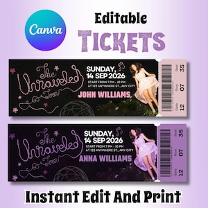 Peut inclure: Deux billets d'événement rectangulaires sur fond noir avec le texte The Unraveled Tour, Sunday 14 Sep 2026, et les noms John Williams et Anna Williams. Chaque billet comprend un code-barres, siège 35, rangée 07, porte 12 et une photo.