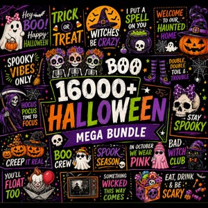 Puede incluir: Un paquete de diseño gráfico digital con más de 16000 elementos de Halloween, incluyendo fantasmas, esqueletos, calabazas, brujas, calaveras y gatos. El diseño incluye textos como Trick or Treat, Spooky Vibes Only y Boo Crew sobre fondo negro.