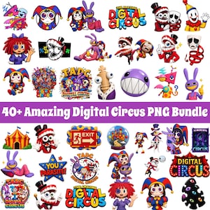 Puede incluir: Una colección de pegatinas digitales con personajes y logotipos de The Amazing Digital Circus, incluyendo bufones coloridos, conejos e iconos de temática circense con elementos de texto como TADC y Digital Circus en varios estilos.