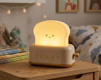 Broodroosterlamp Kawaii | Gloeiend broodnachtlampje, oplaadbaar, dimbaar, schattige bureaulamp, esthetische slaapkamerinrichting, uniek gezellig cadeau