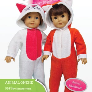Peut inclure: Patron de couture PDF pour la confection de grenouillères d'animaux pour poupées de 45 cm comme les poupées American Girl. Le patron comprend des instructions pour la confection d'une grenouillère de renard, de chat, de lapin et de panda. Le niveau de difficulté est indiqué comme moyen.