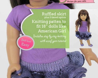 Saia com babados Padrão de tricô PDF usando fio de lenço arrastão para bonecas de 18 polegadas como American Girl - DOWNLOAD INSTANTÂNEO.