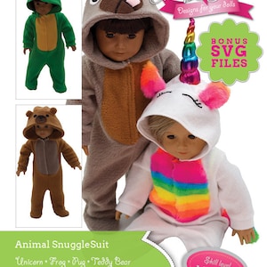 May include: A PDF sewing pattern for making animal snuggle suits for 18-inch dolls. The pattern includes four designs: a unicorn, a frog, a pug, and a teddy bear. The skill level is listed as medium. The pattern is designed to fit 18-inch dolls such as American Girl® dolls.