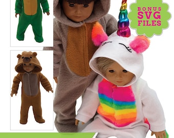 Pacote SnuggleSuit (unicórnio, pug, ursinho de pelúcia, sapo) Roupas de boneca Padrão de costura em PDF para bonecas American Girl de 18 polegadas - DOWNLOAD INSTANTÂNEO