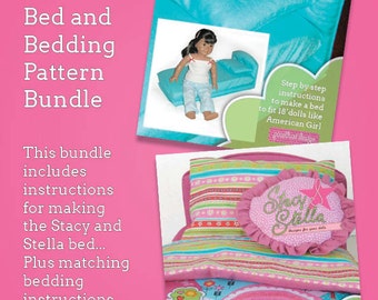 Pacote de padrão de cama e roupa de cama. Instruções para fazer cama, fronha, colcha e almofadas para bonecas de 18 polegadas como American Girl.