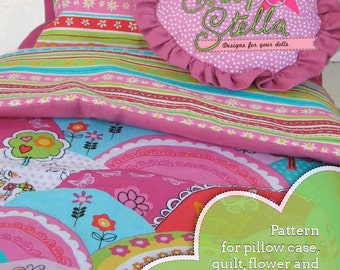 Padrão de roupa de cama e instruções para fazer fronha, colcha e dois tipos de almofadas para bonecas de 18 polegadas como American Girl.
