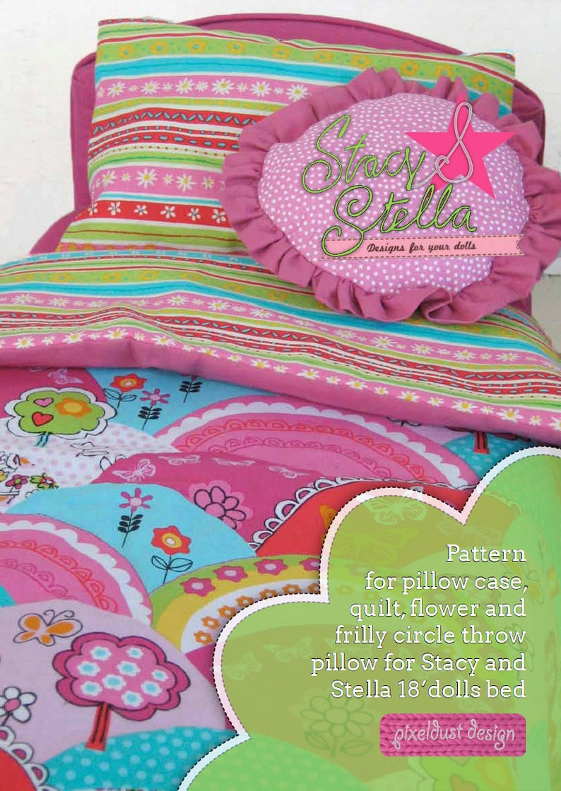 Bedding pattern and instructions for making a pillow case, quilt and two types of throw pillows for 18 inch dolls like American Girl. image 1