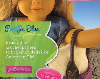 Bolsa de praia com alças de vinil em crochê padrão PDF para bonecas de 18 polegadas como American Girl.