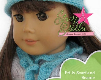 Padrão de tricô de gorro e cachecol com babados para boneca American Girl de 18 polegadas