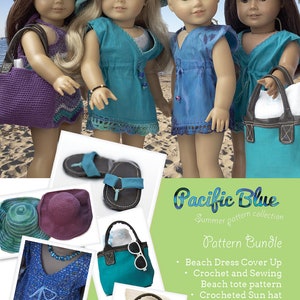 Op de afbeelding: Een verzameling haakpatronen voor een strandjurk, een strandtas, een zonnehoed en sandalen. De patronen maken deel uit van de "Pacific Blue" zomerpatrooncollectie van pixeldust design.