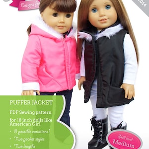 May include: PDF sewing pattern for a puffer jacket for 18-inch dolls like American Girl dolls. The pattern includes 8 possible variations, two pocket styles, two lengths, hood or collar, and sleeves or sleeveless. The skill level is medium.