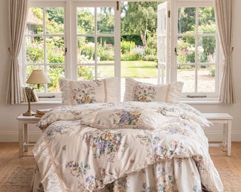 Floral Cotton Duvet Cover Set with Ruffled Bed Skirt, Romantic Bedding