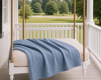 Blue Grey Waffle Cotton Blanket, Textured Sofa Bed Throw, Nordic Style Home Decor