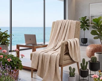 Manta de algodón beige con textura gofrada, cubrecama egipcio suave, decoración neutra para el hogar.