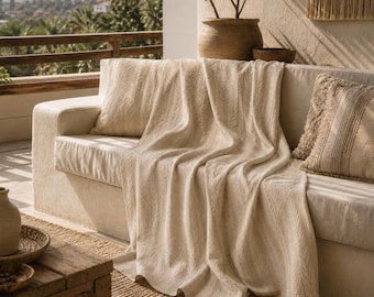 Textured Cotton Linen Throw Blanket | Natural Beige Boho Sofa Bed Cover