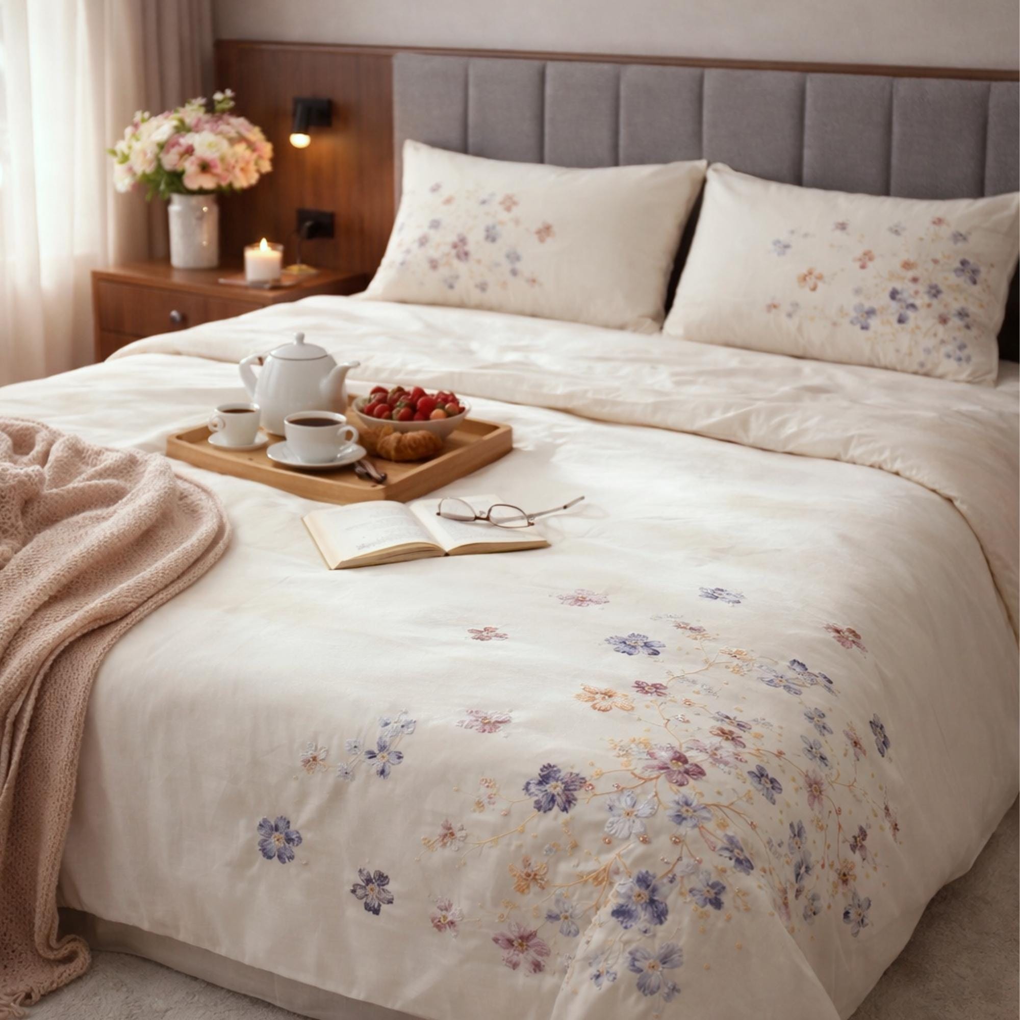 YASMENG Set Copripiumino Queen Size In 100% Cotone – Motivo Floreale Verde Su Bianco, Stile Rustico, Morbido E Traspirante (3 Pezzi: 229x229 Cm + 2 Federe 51x76 Cm)