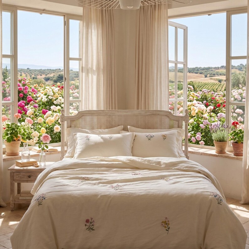 May include: A cream-colored bed set featuring a light linen duvet cover and two matching pillows, all decorated with small, scattered floral embroidery in muted tones. The bed has a light-toned wooden headboard with a woven cane panel insert.