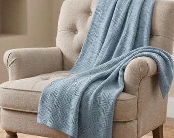 Manta de algodão waffle azul-acinzentada, com textura para sofá ou cama, decoração para casa em estilo nórdico.