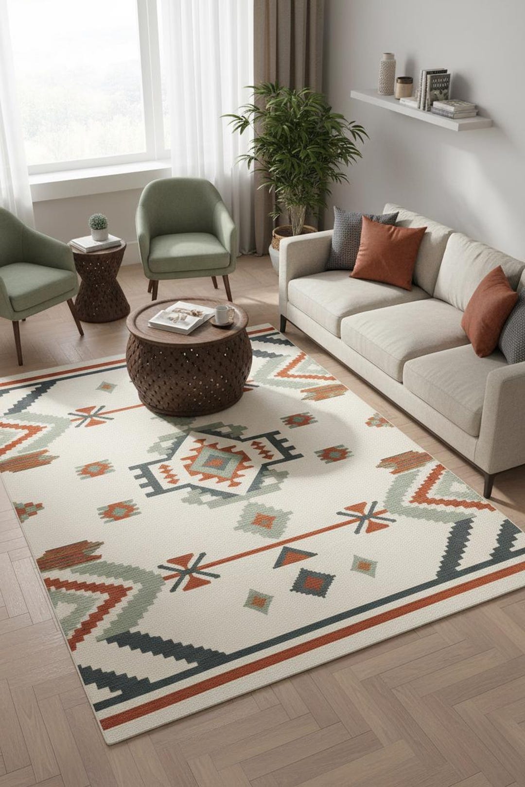 Southwestern Boho Rug, Tribal Aztec Area Rug, Neutral Terracotta Sage ...