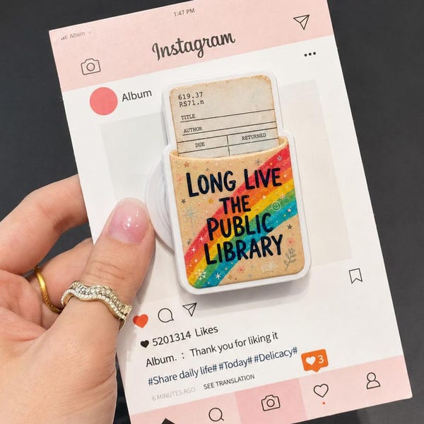 Lang leve de openbare bibliotheek magnetische telefoongreep, schattige vintage bibliotheekkaarttelefoonhouder, leesgrage MagSafe-cadeau voor lezers en bibliothecarissen