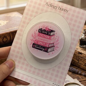 Book Genres Phone Grip, Pink Book Stack Crime Romance Smut Fantasy Acrylic Phone Holder, Bookish Phone Stand, BookTok Gift