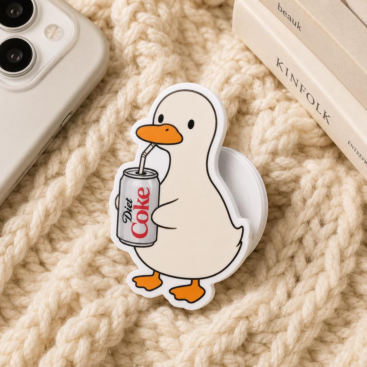 Discover Duck Drinking Soda MagSafe Phone Grip, Kawaii White Duck Magnetic Stand for Phones, Cute Gift for Duck Lovers