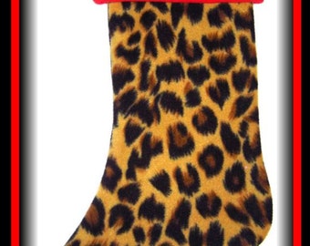 Brown & Black Animal Print Cheetah Leopard Holiday Christmas Stocking w/ Red Cuff