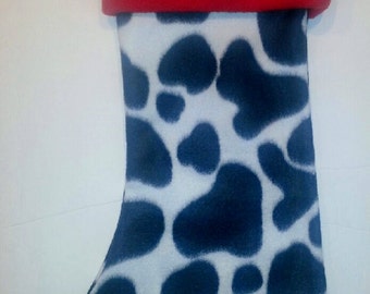 Cow Print Holiday Christmas Stocking w/ Solid Red Fleece Cuff