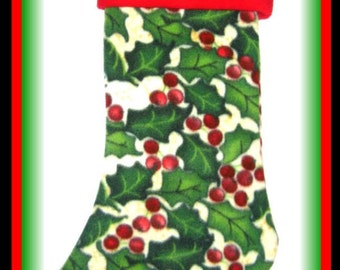 Holly Berry Holiday Christmas Stocking w/ Red Cuff