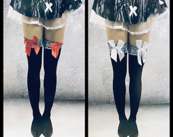 Over The Knee Black Socks w/ White Lace & Bow