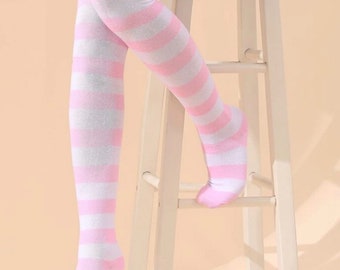 Over The Knee Baby Pink/White Striped Socks
