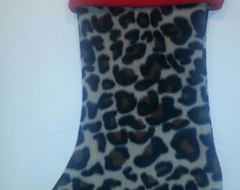 Brown & Black Animal Print Cheetah Leopard Holiday Christmas Stocking w/ Red Cuff