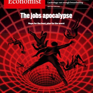 Può includere: Copertina della rivista The Economist con il titolo "The jobs apocalypse" e il motto "Hope for the best, plan for the worst". L'immagine presenta figure che cadono in un vortice rosso a forma di griglia.