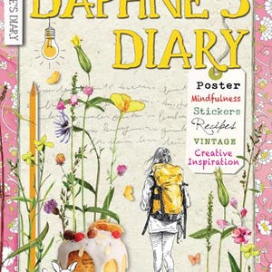 May include: The cover of "Daphne's Diary" magazine, featuring a floral design and the title in yellow. The image includes a drawing of a person with a yellow backpack, flowers, and the words "Poster", "Mindfulness", "Stickers", "Recipes", "Vintage", and "Creative Inspiration".
