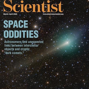 Op de afbeelding: Omslag van het tijdschrift American Scientist, maart-april 2026, met de kop "SPACE ODDITIES" in turquoise letters. De achtergrond is een nachthemel vol sterren en een heldergroene komeet. De titel van het tijdschrift is oranje.