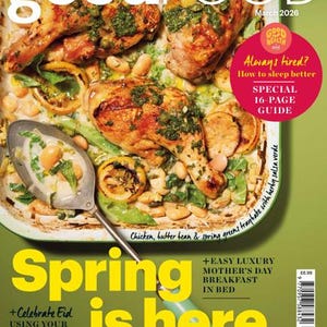 May include: The cover of Good Food magazine, March 2026, features a baked chicken dish with lemon slices and beans. The magazine cover has the text "Spring is here" in large yellow letters, with additional text about recipes and health.