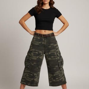 Camo Cargo Pants Women, Wide Leg Cropped Pants, Military Style Baggy Trousers, Vintage Denim Work Pants