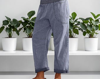 Boho Cropped Pants Women, Elastic Waist Loose Trousers, Casual Cotton Blend Pants