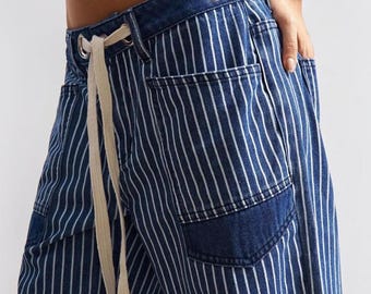 Boho Striped Denim Pants Women, Loose Fit Straight Leg Trousers