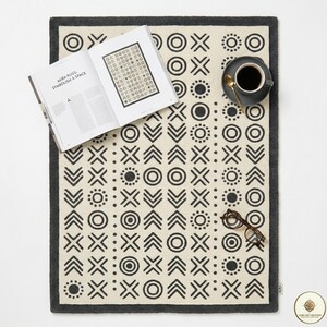 Modern Boho Tribal Rug Hand Tufted Wool, African Mudcloth Inspired Decor, Black Cream Geometric Area Rug, Sajid Art Creation, Ethnic Art Mat