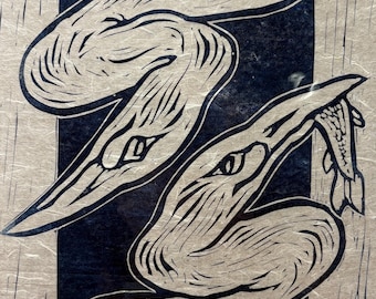 Impression linogravure héron Dha Ean (deux oiseaux)