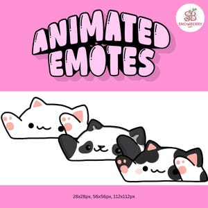 May include: Pink background with the text "ANIMATED EMOTES" in a bubble font. Below are three cartoon cat emotes in white, panda, and black and white designs. The Snowberry Art logo is in the upper right corner.