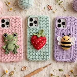 Può includere: Tre custodie per smartphone con rivestimenti in uncinetto testurizzato nei colori rosa chiaro, verde menta e lavanda. La custodia rosa presenta una rana verde, quella color menta una fragola rossa e quella lavanda un'ape a strisce gialle e nere.